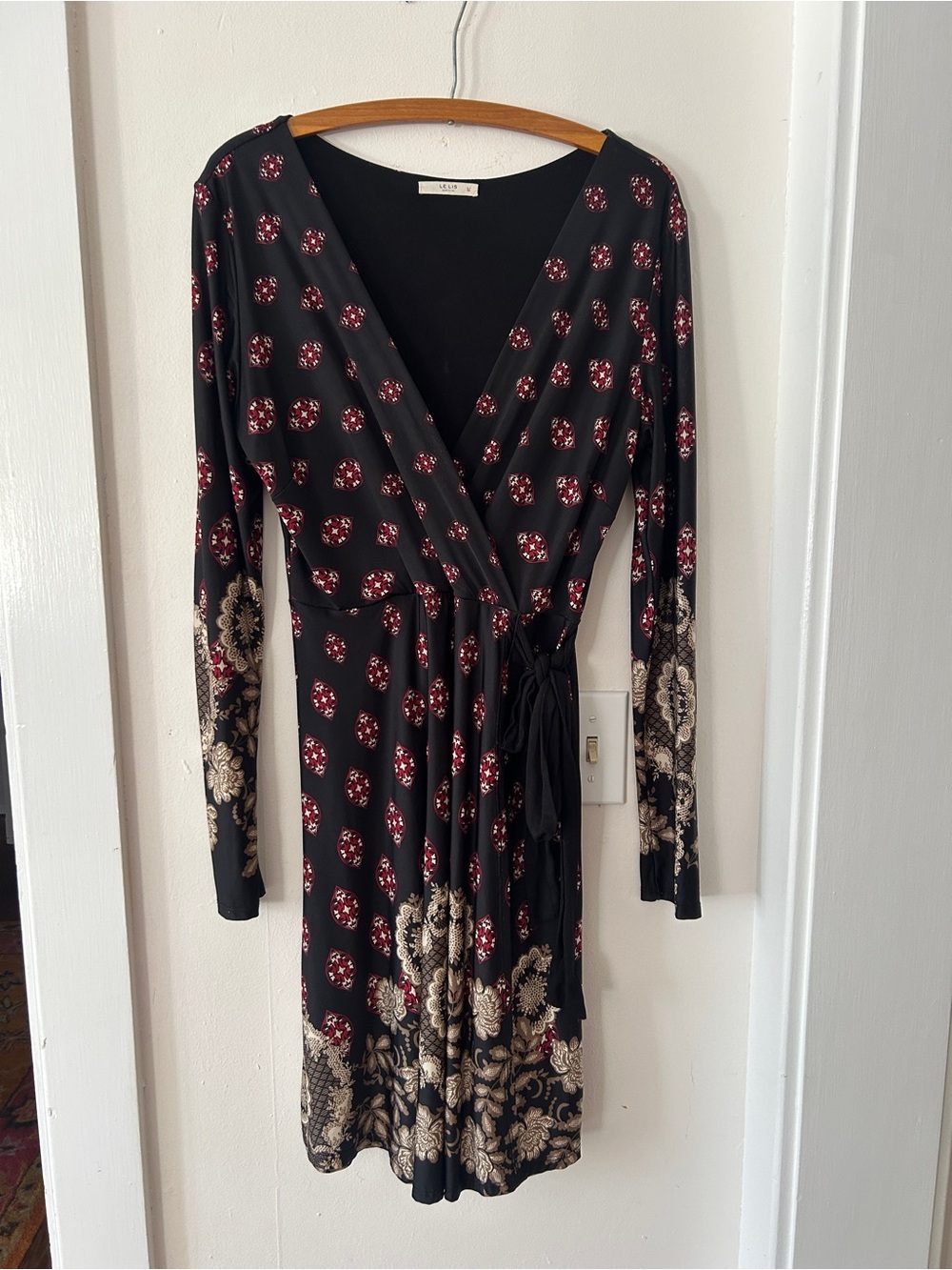 Le Lis Black Floral Wrap Dress with Cream and Burgundy Accents